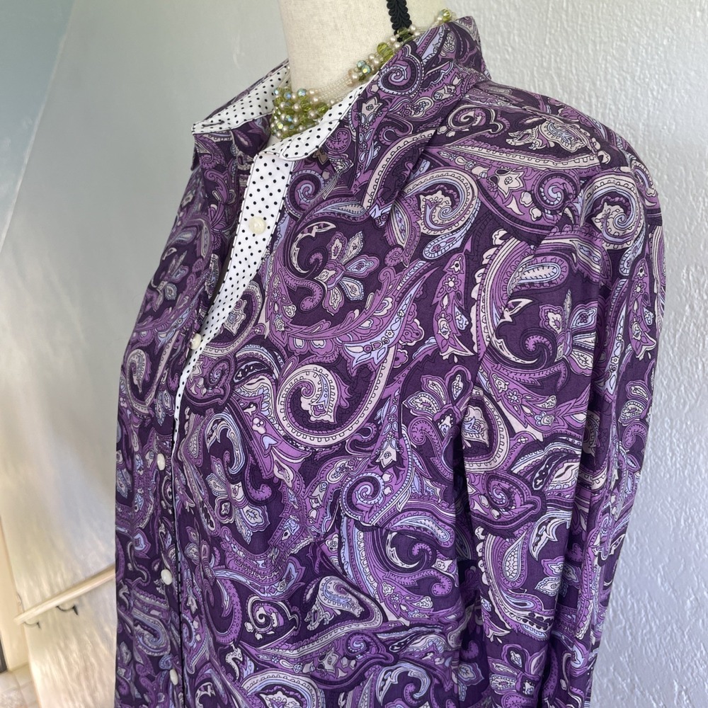 IZOD Lacoste Alligator Purple Paisley Button Up Blouse Shirt Top Size M - Picture 7 of 9